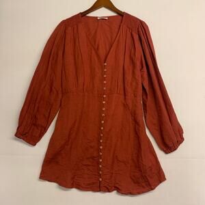 Saint Helena Dress Linen Burnt Orange Fall Thanksgiving Button Front Long Sleeve